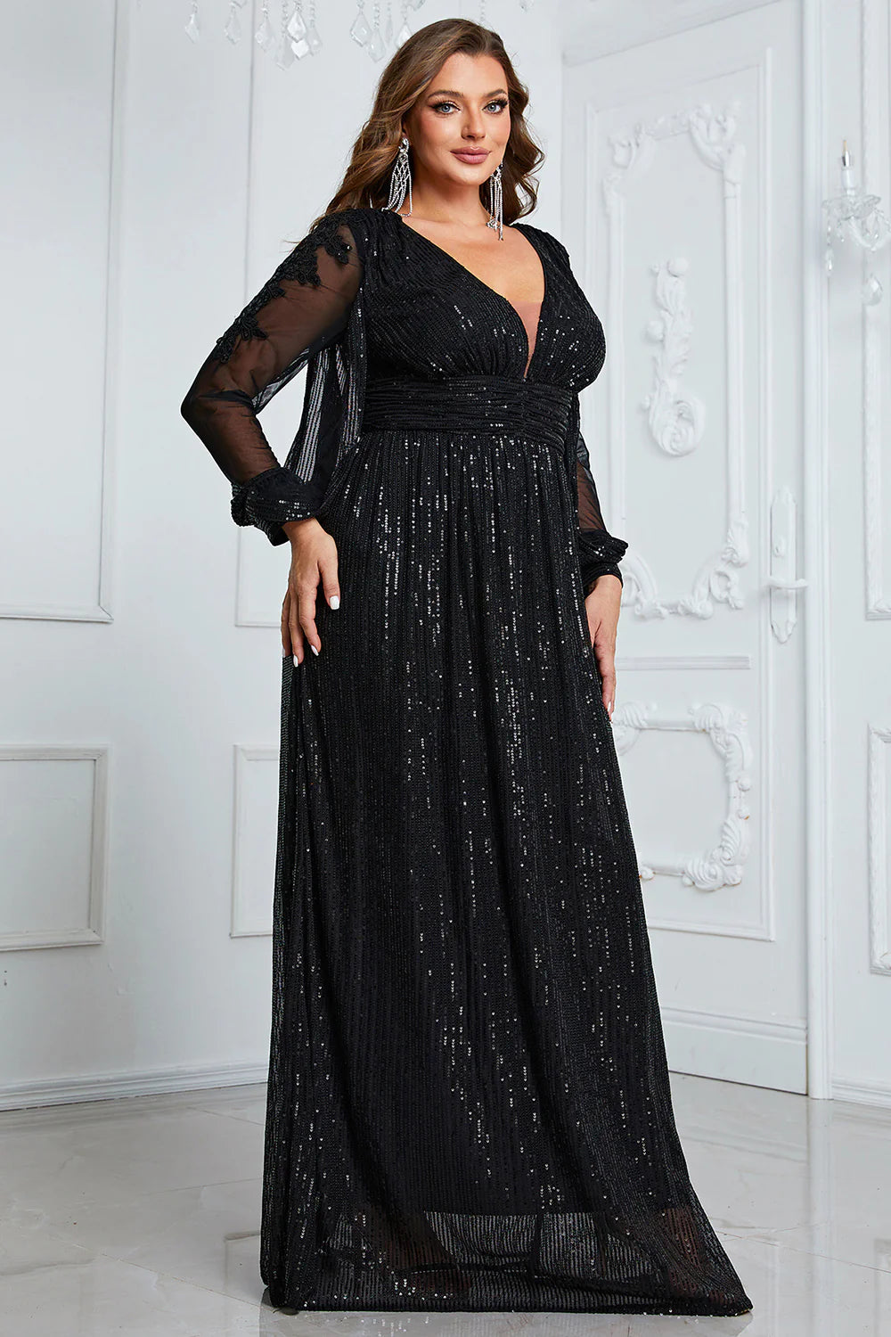 Sophisticated Black Sequin A-Line V-Neck Long Sleeve Back Zip Maxi Mother of the Bride Dresses