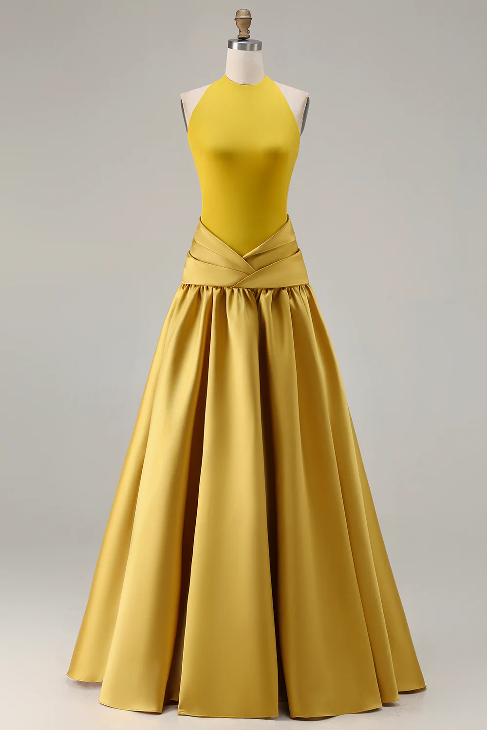 Sophisticated Halter Neck Satin Evening Dress with Pleated Waist Flowy A-Line Silhouette and Floor-Length Design for Formal Occasions