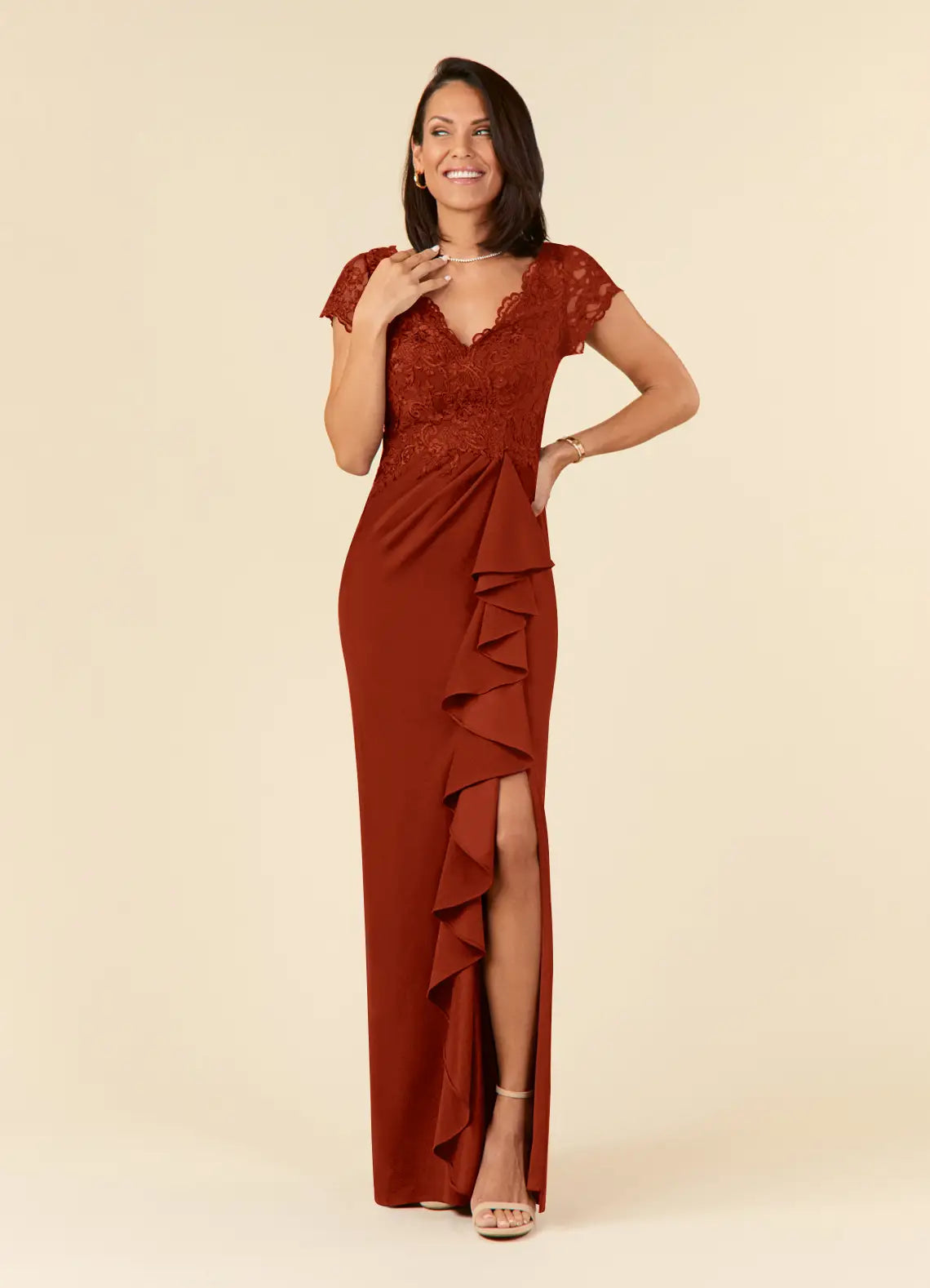 Sophisticated Mermaid V-Neck Cap-Sleeve Floor-Length Lace & Crepe Mother of the Bride Dress