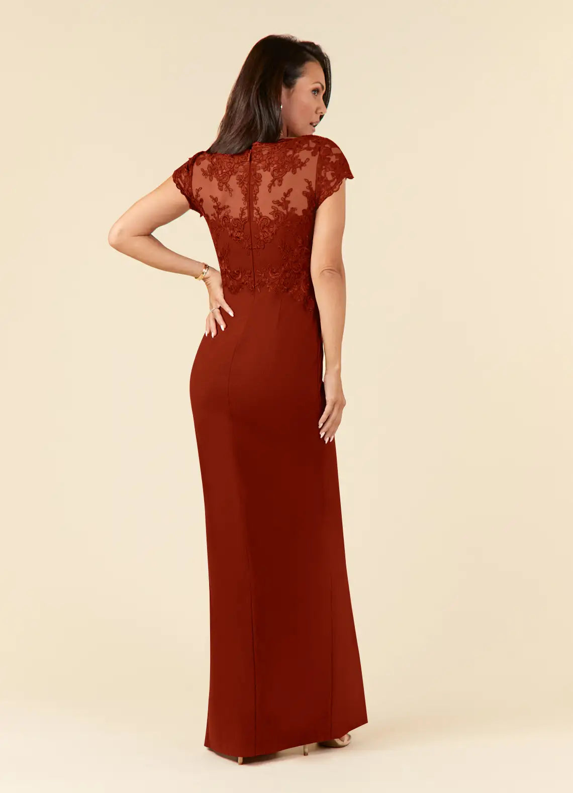 Sophisticated Mermaid V-Neck Cap-Sleeve Floor-Length Lace & Crepe Mother of the Bride Dress