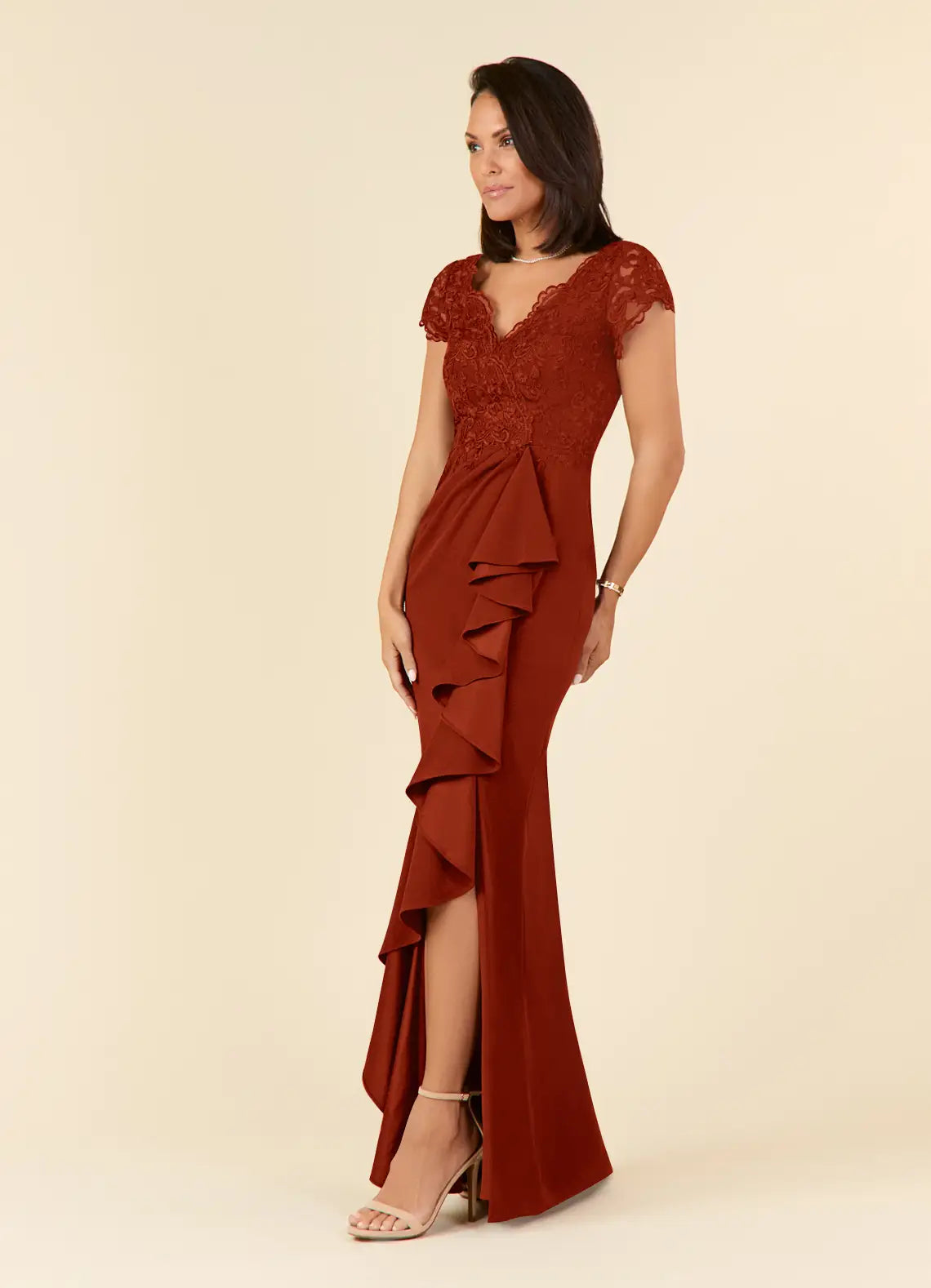 Sophisticated Mermaid V-Neck Cap-Sleeve Floor-Length Lace & Crepe Mother of the Bride Dress