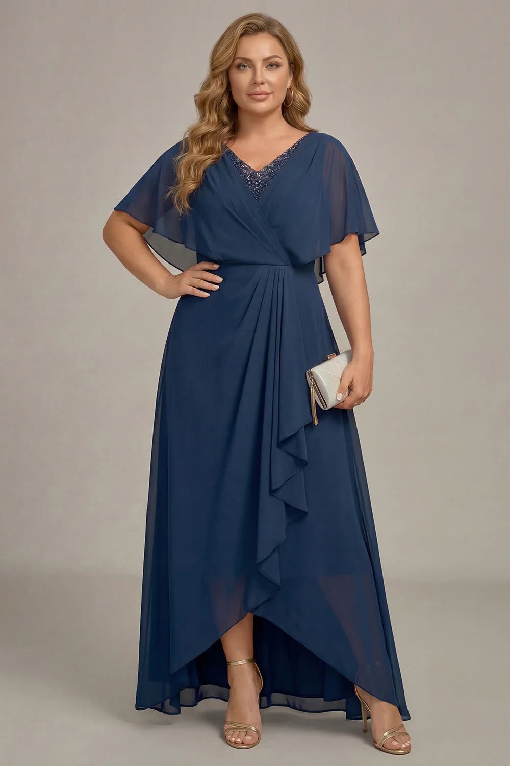 Sophisticated Navy Chiffon A-Line V-Neck Lace Applique Cape Sleeve Hi-Lo Mother of the Bride Dresses