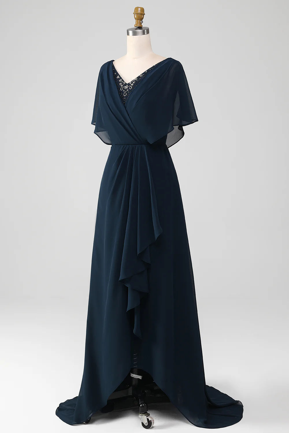 Sophisticated Navy Chiffon A-Line V-Neck Lace Applique Cape Sleeve Hi-Lo Mother of the Bride Dresses