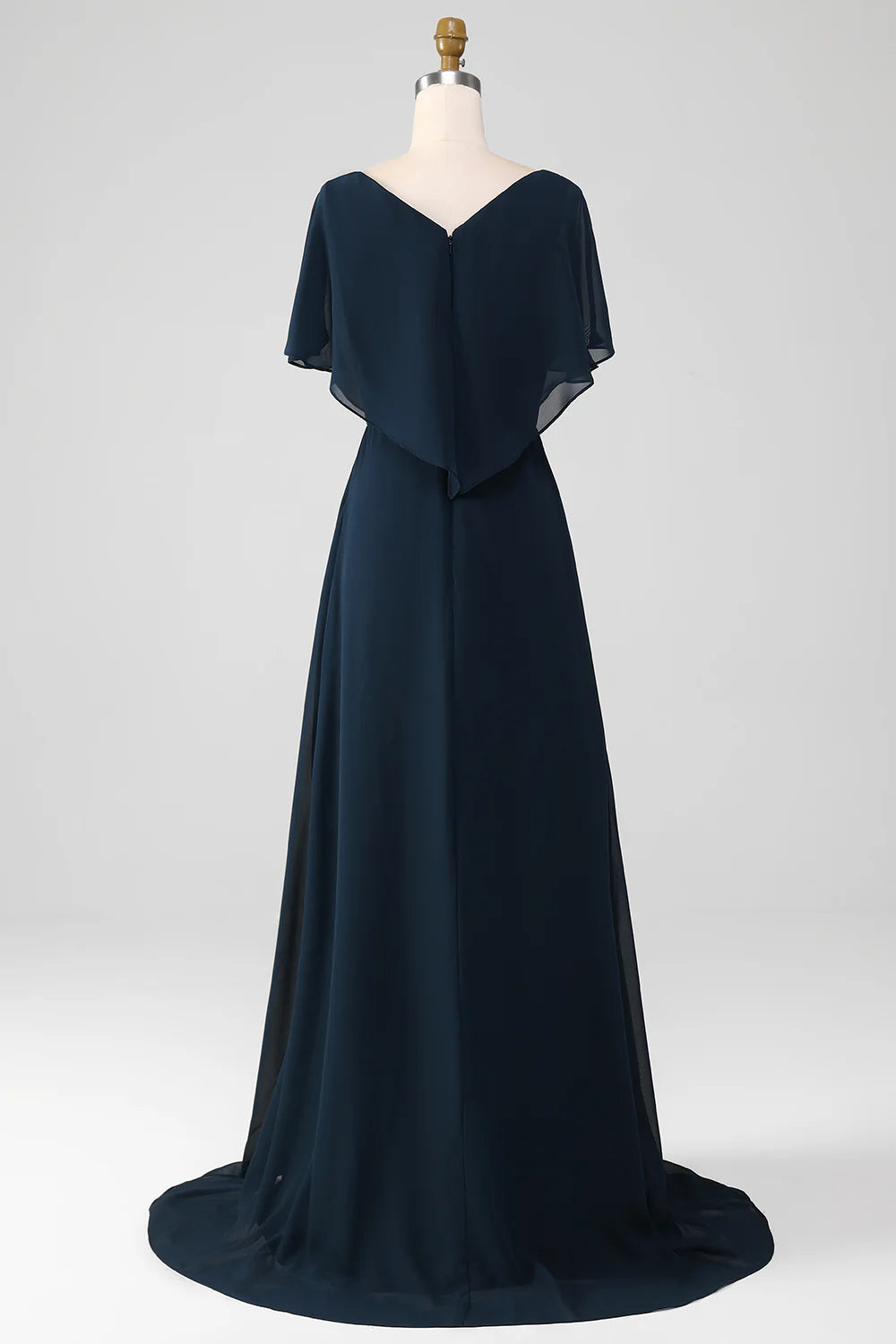 Sophisticated Navy Chiffon A-Line V-Neck Lace Applique Cape Sleeve Hi-Lo Mother of the Bride Dresses