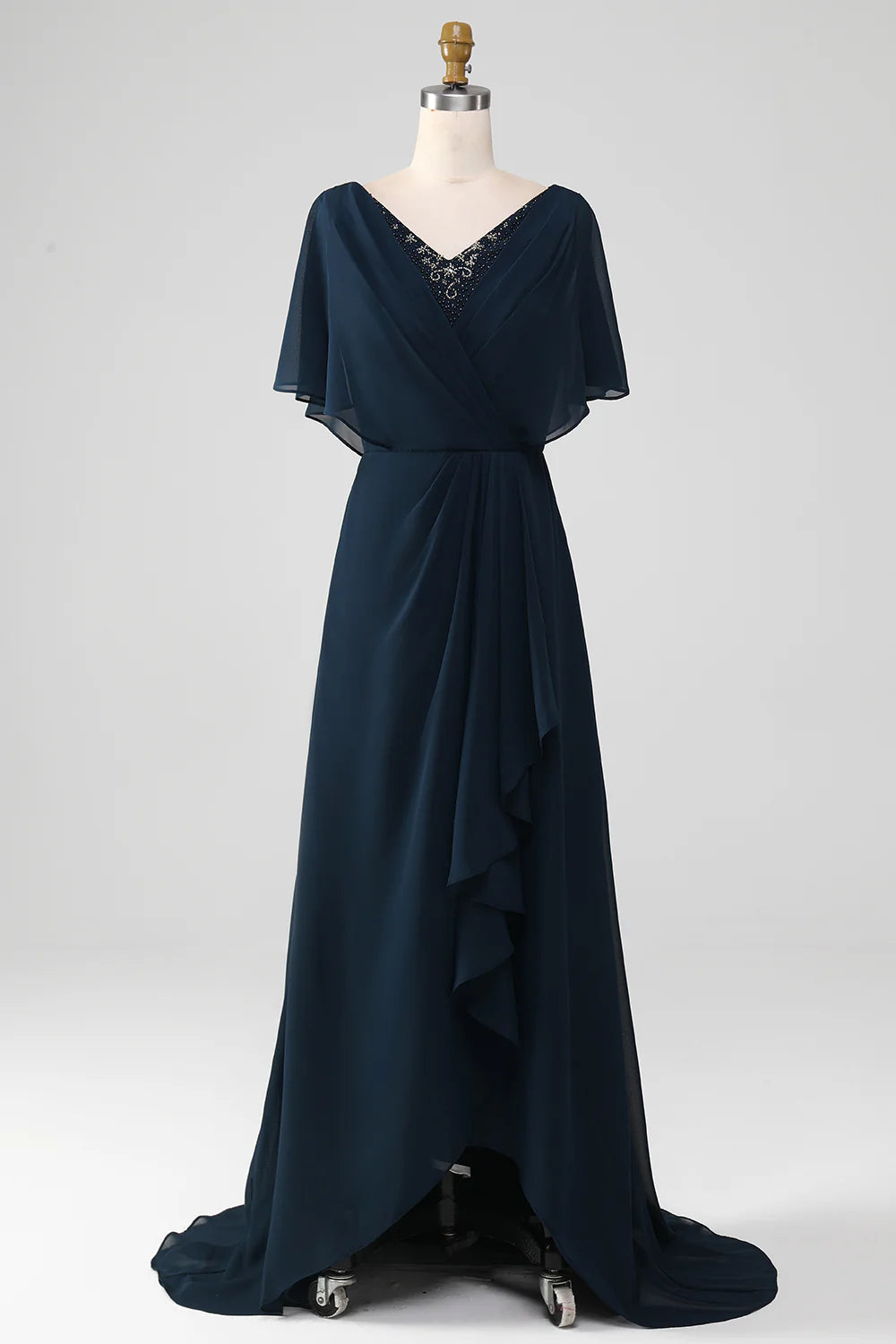 Sophisticated Navy Chiffon A-Line V-Neck Lace Applique Cape Sleeve Hi-Lo Mother of the Bride Dresses