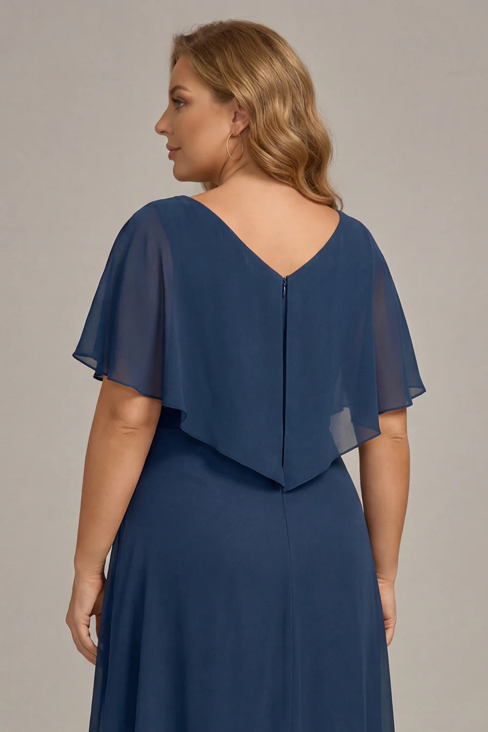 Sophisticated Navy Chiffon A-Line V-Neck Lace Applique Cape Sleeve Hi-Lo Mother of the Bride Dresses