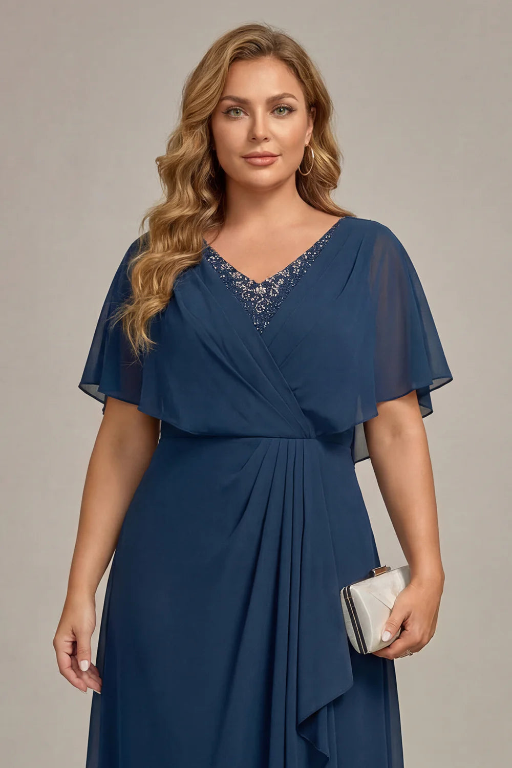 Sophisticated Navy Chiffon A-Line V-Neck Lace Applique Cape Sleeve Hi-Lo Mother of the Bride Dresses