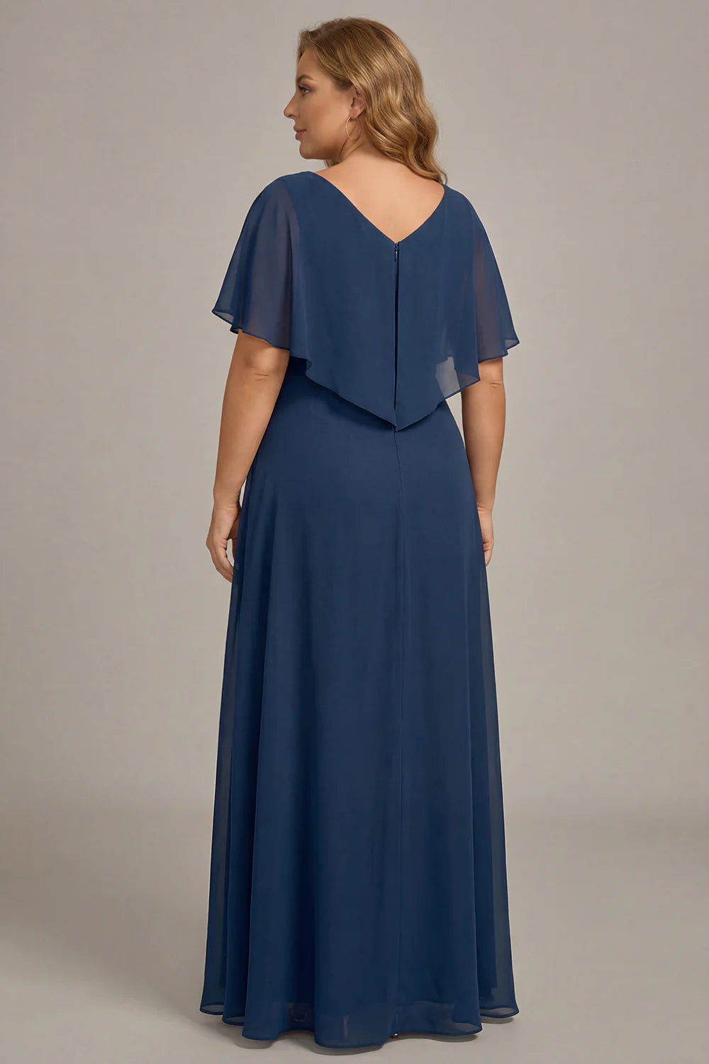 Sophisticated Navy Chiffon A-Line V-Neck Lace Applique Cape Sleeve Hi-Lo Mother of the Bride Dresses