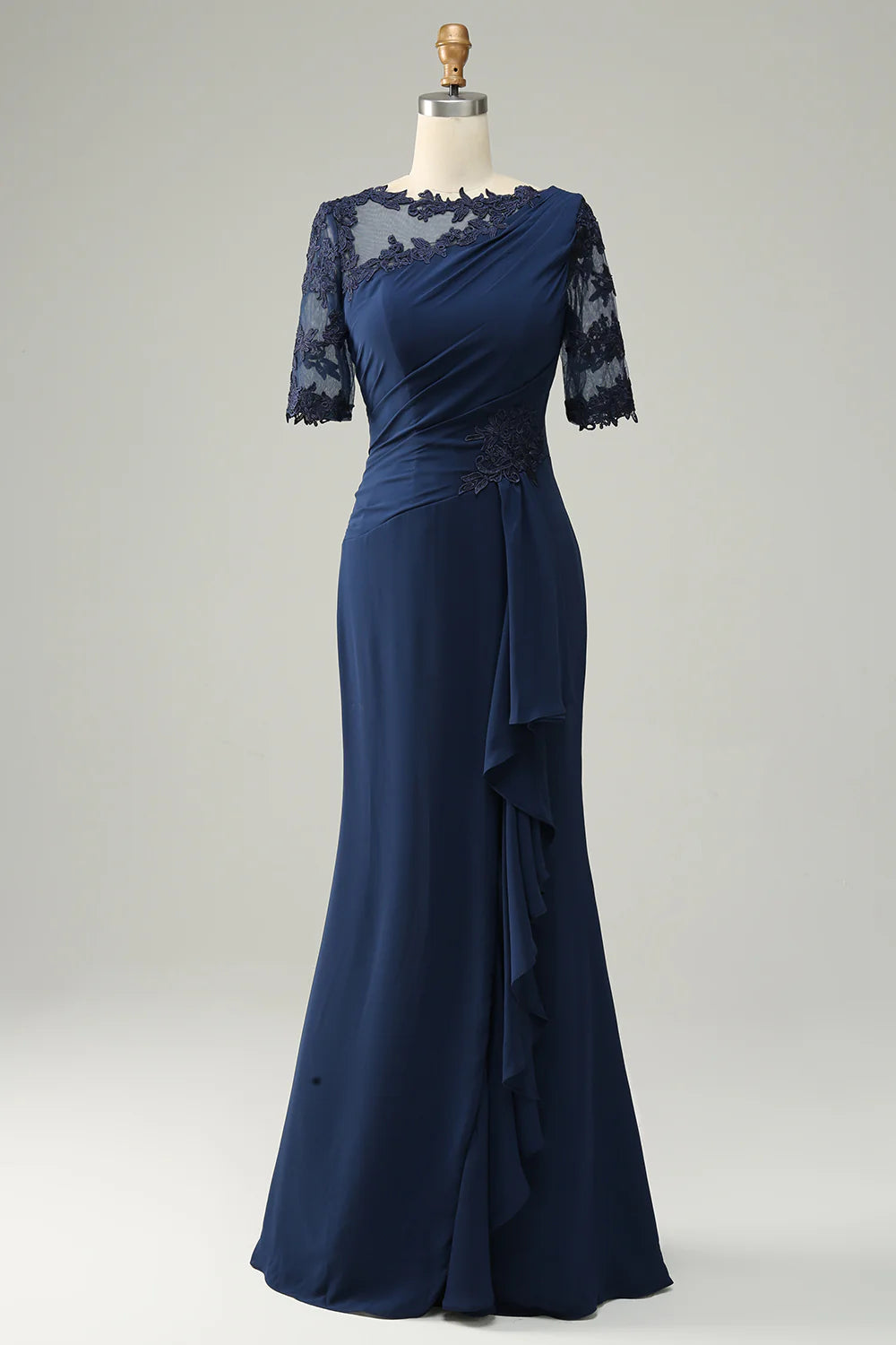 Sophisticated Navy Chiffon Mermaid Asymmetrical Neck Illusion Sleeve Back Zip Maxi Mother of the Bride Dresses