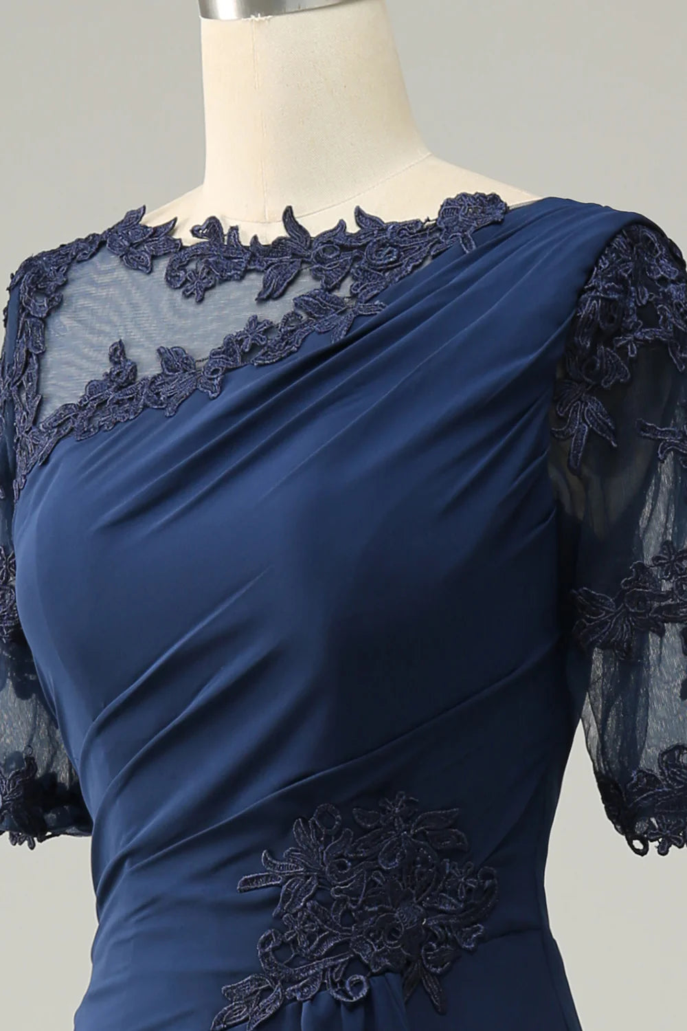 Sophisticated Navy Chiffon Mermaid Asymmetrical Neck Illusion Sleeve Back Zip Maxi Mother of the Bride Dresses