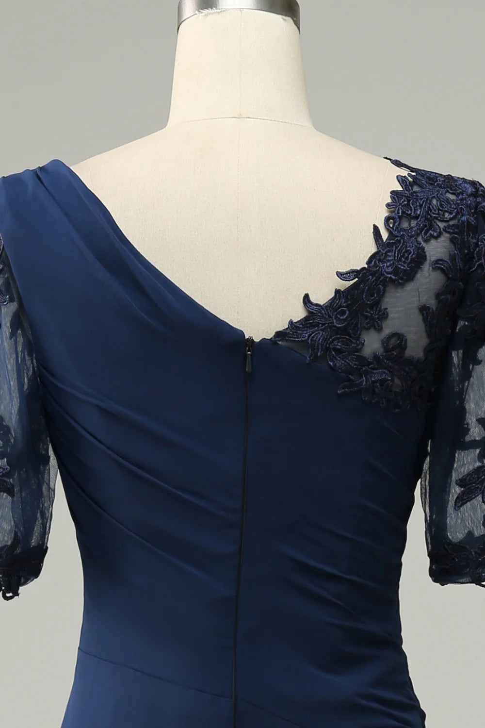 Sophisticated Navy Chiffon Mermaid Asymmetrical Neck Illusion Sleeve Back Zip Maxi Mother of the Bride Dresses