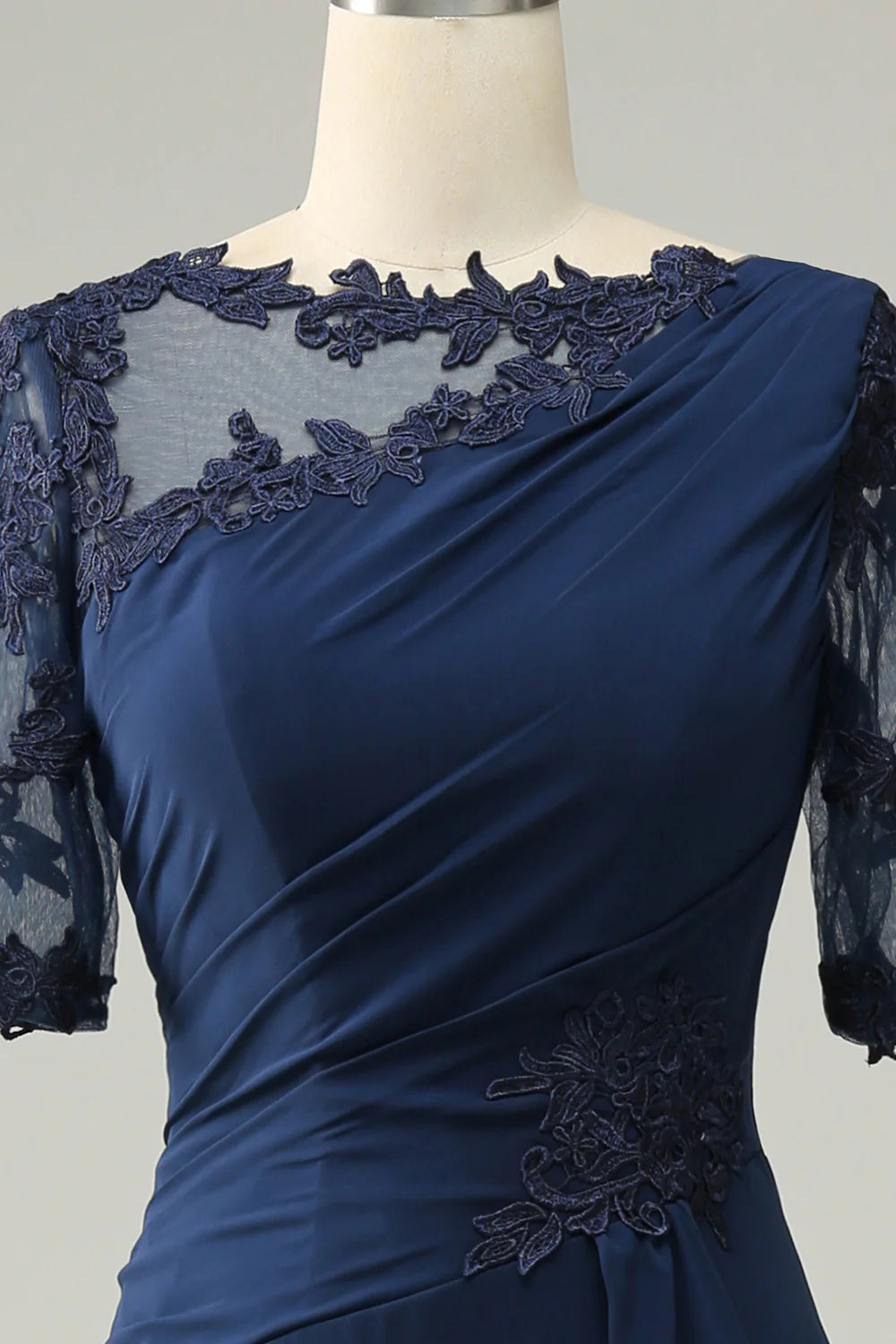 Sophisticated Navy Chiffon Mermaid Asymmetrical Neck Illusion Sleeve Back Zip Maxi Mother of the Bride Dresses