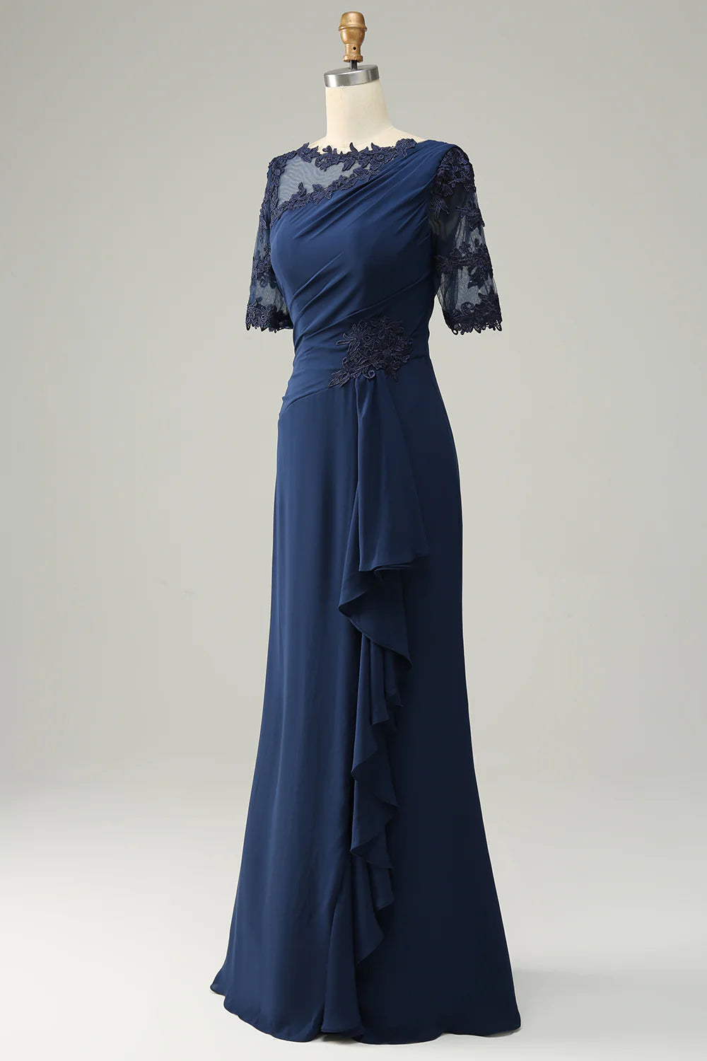 Sophisticated Navy Chiffon Mermaid Asymmetrical Neck Illusion Sleeve Back Zip Maxi Mother of the Bride Dresses