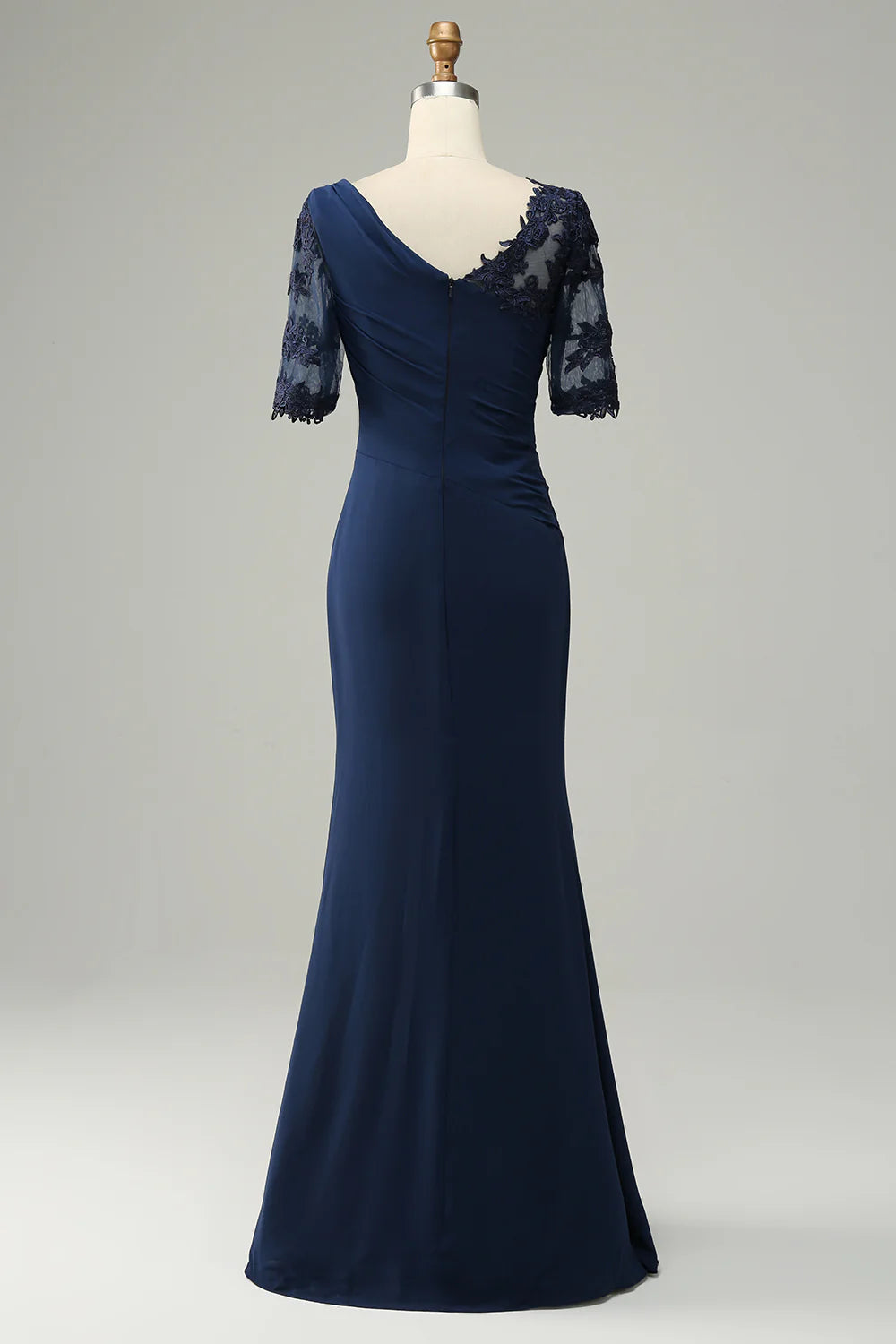 Sophisticated Navy Chiffon Mermaid Asymmetrical Neck Illusion Sleeve Back Zip Maxi Mother of the Bride Dresses