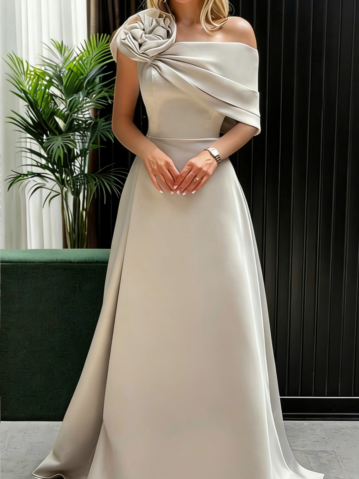 Sophisticated Satin A-Line One-Shoulder Draped 3D Flower Detail Sleeveless Zipper Back Floor-Length Maxi Formal Mother of the Bride Dresses