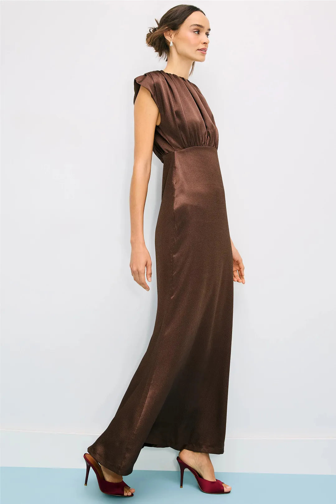 Sophisticated Solid Satin Maxi Mock Neck Ruched Detail Sleeveless Invisible Zipper Back Closure Floor-Length Evening Dresses