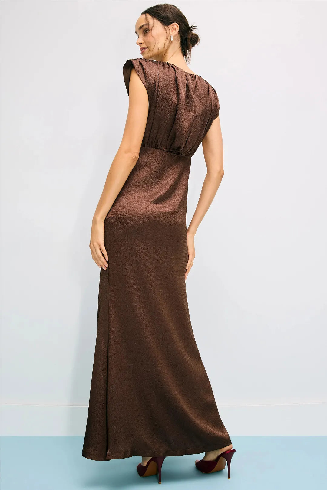 Sophisticated Solid Satin Maxi Mock Neck Ruched Detail Sleeveless Invisible Zipper Back Closure Floor-Length Evening Dresses