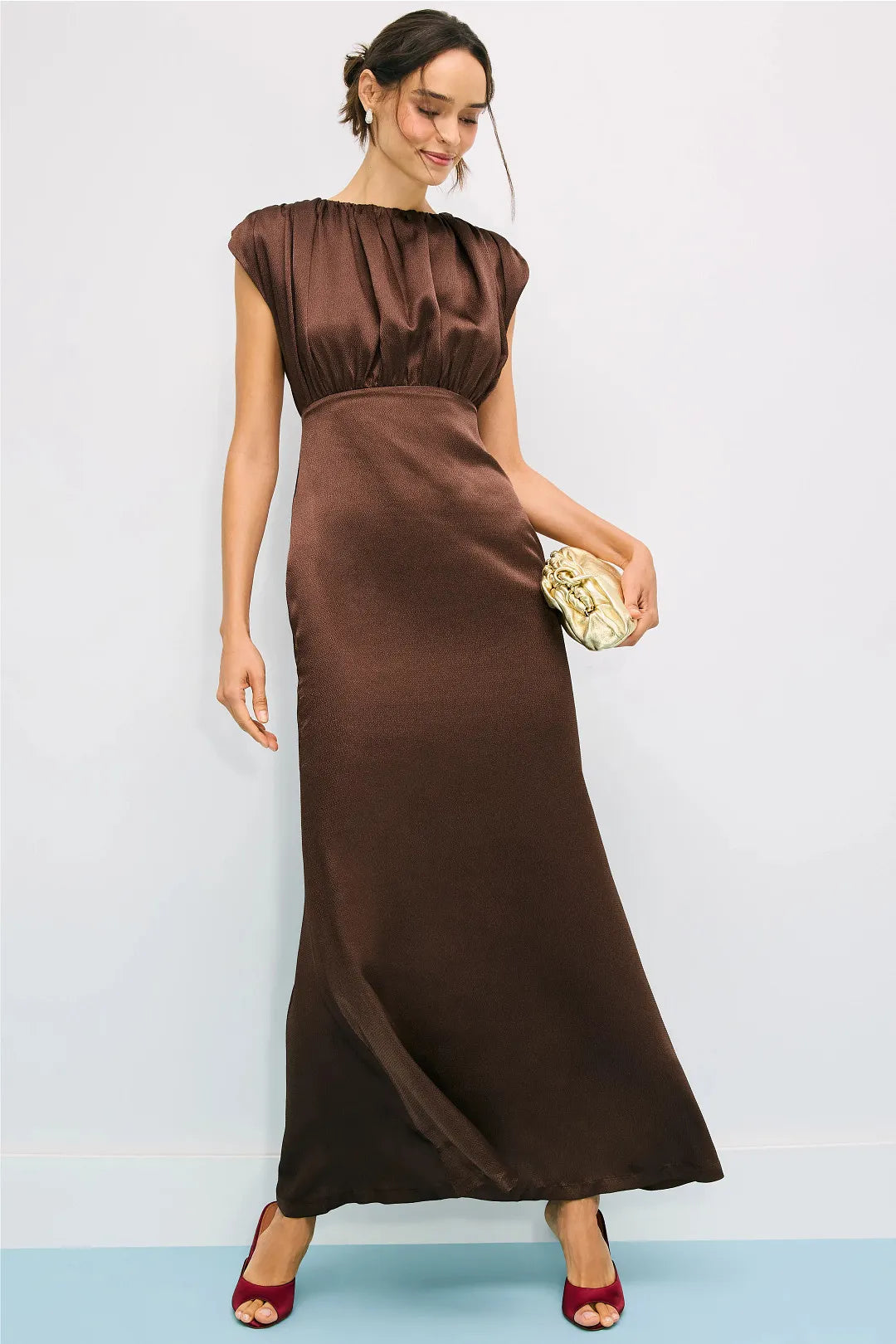 Sophisticated Solid Satin Maxi Mock Neck Ruched Detail Sleeveless Invisible Zipper Back Closure Floor-Length Evening Dresses