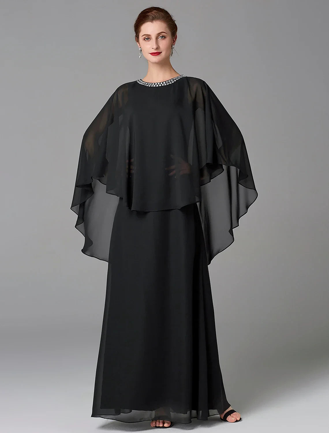 Sophisticated Chiffon A-Line Round Neck Cape Sleeves Covered Back Floor-Length Mother of the Bride Dresses
