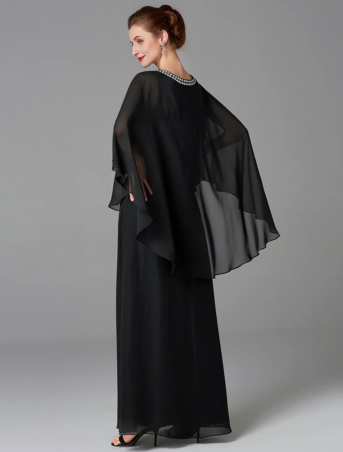 Sophisticated Chiffon A-Line Round Neck Cape Sleeves Covered Back Floor-Length Mother of the Bride Dresses