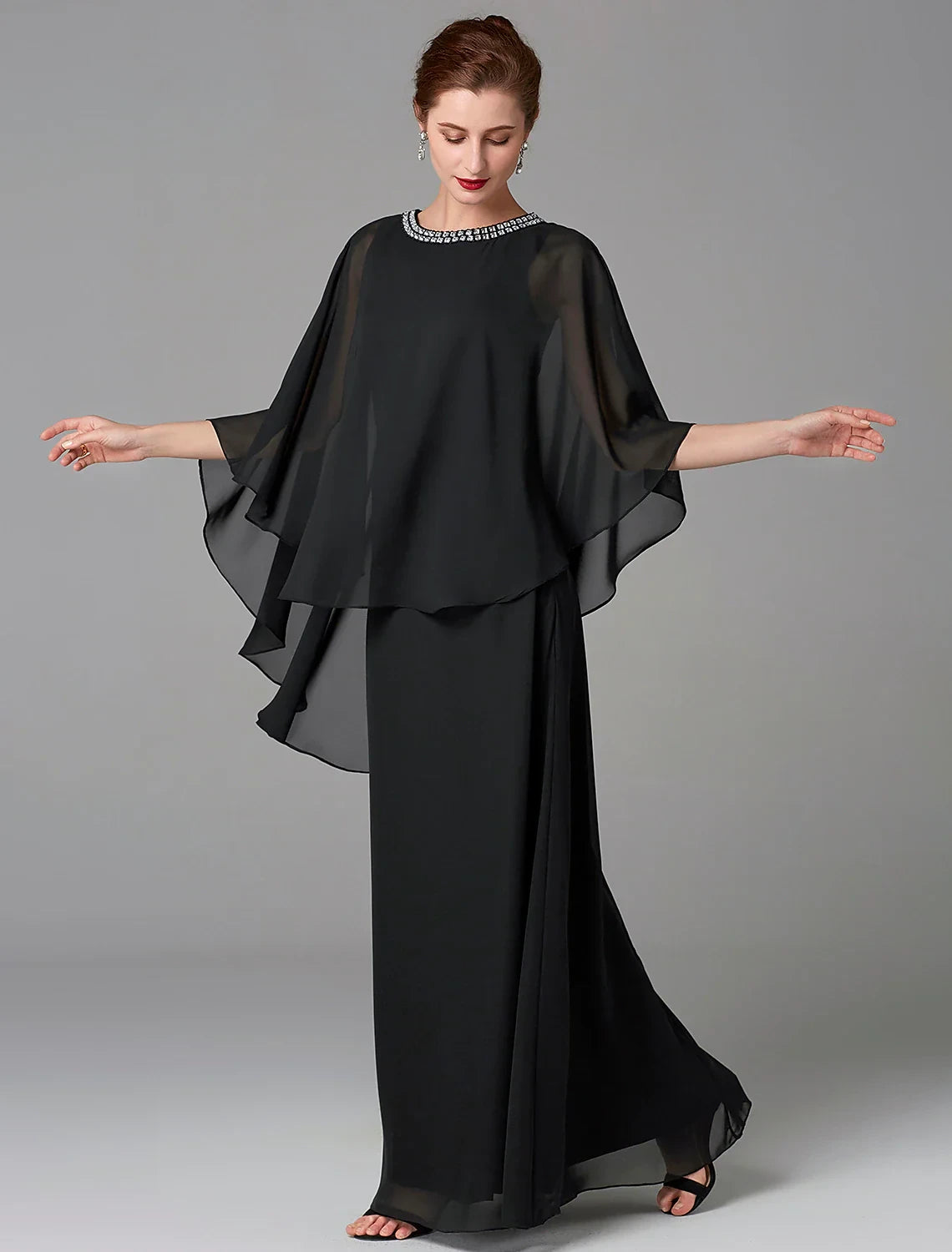 Sophisticated Chiffon A-Line Round Neck Cape Sleeves Covered Back Floor-Length Mother of the Bride Dresses