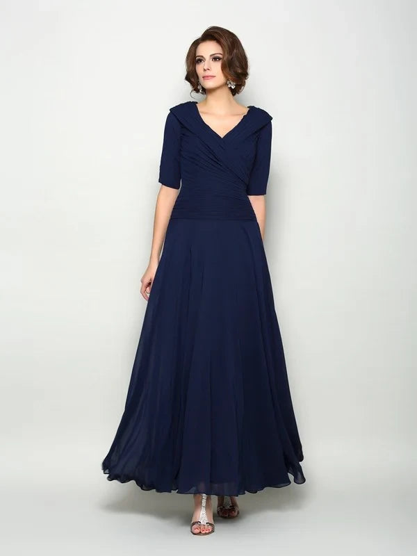 Sophisticated Chiffon A-Line V-Neck Draped Collar Half Sleeve Ruched Back Floor-Length Mother of the Bride Dresses