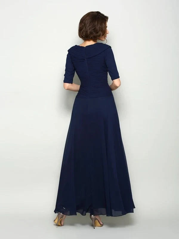 Sophisticated Chiffon A-Line V-Neck Draped Collar Half Sleeve Ruched Back Floor-Length Mother of the Bride Dresses