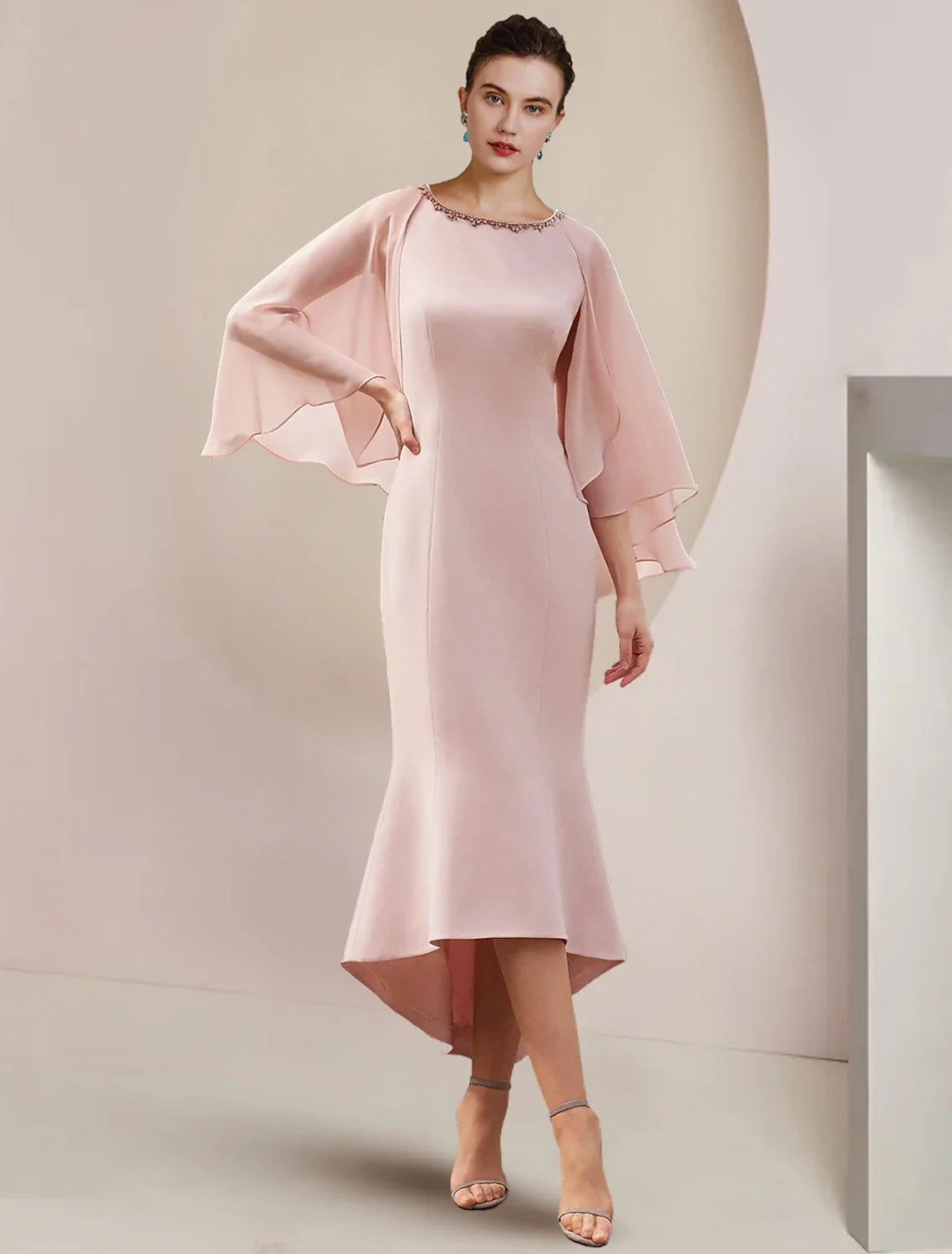 Sophisticated Chiffon Two Pieces Sheath Jewel Neck Cape Sleeve Keyhole Back High-Low Mother of the Bride Dresses