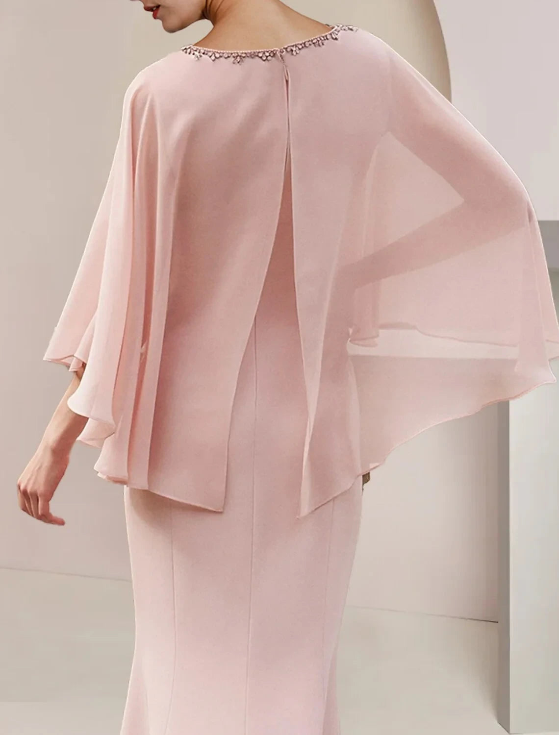 Sophisticated Chiffon Two Pieces Sheath Jewel Neck Cape Sleeve Keyhole Back High-Low Mother of the Bride Dresses