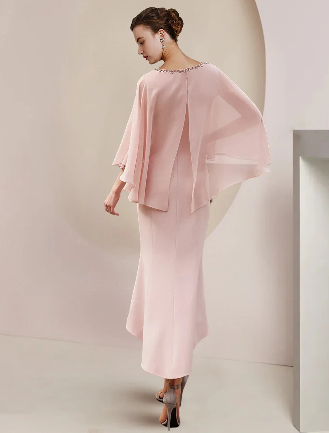Sophisticated Chiffon Two Pieces Sheath Jewel Neck Cape Sleeve Keyhole Back High-Low Mother of the Bride Dresses