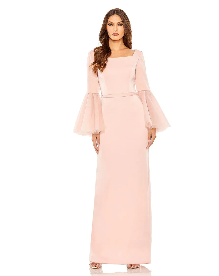 Sophisticated Chiffon Sheath Square Neck Long Bell Sleeves Square Back with Slit Floor-Length Evening Dresses