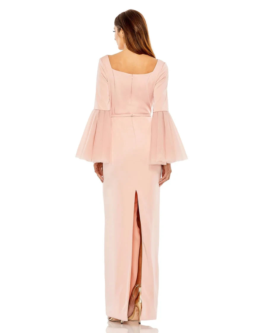 Sophisticated Chiffon Sheath Square Neck Long Bell Sleeves Square Back with Slit Floor-Length Evening Dresses