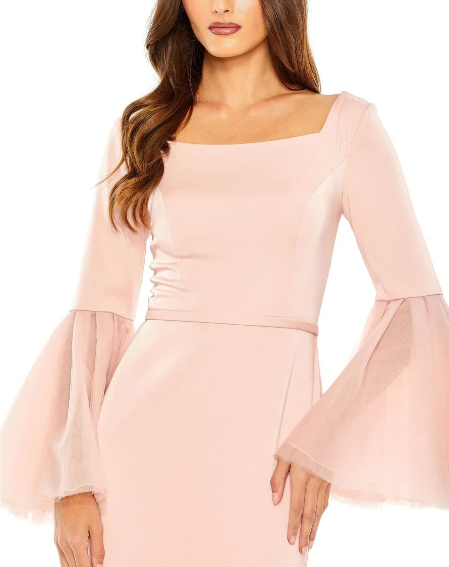 Sophisticated Chiffon Sheath Square Neck Long Bell Sleeves Square Back with Slit Floor-Length Evening Dresses