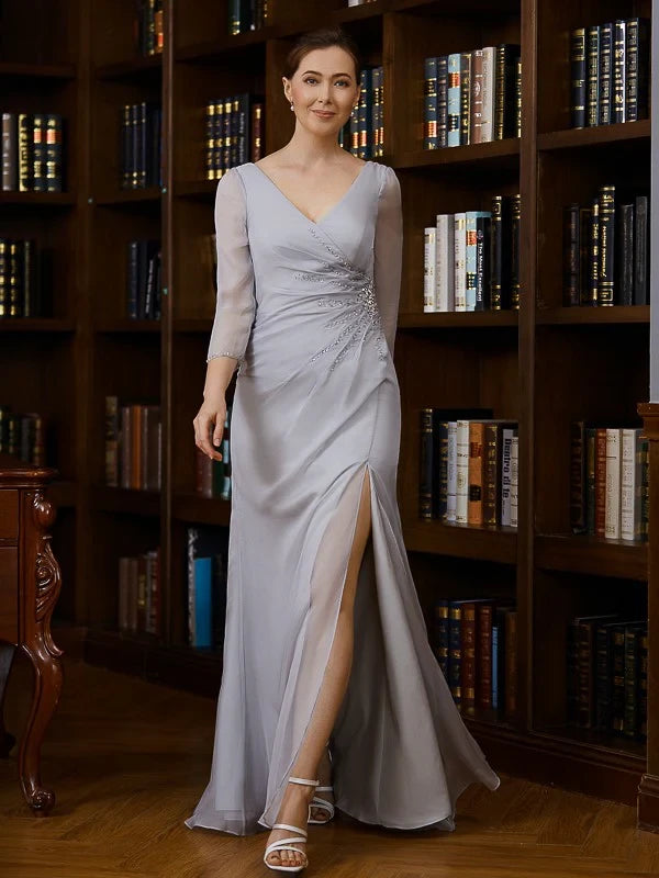 Sophisticated Chiffon Sheath V-Neck 3/4 Sleeve Keyhole Back Floor-Length Mother of the Bride Dresses
