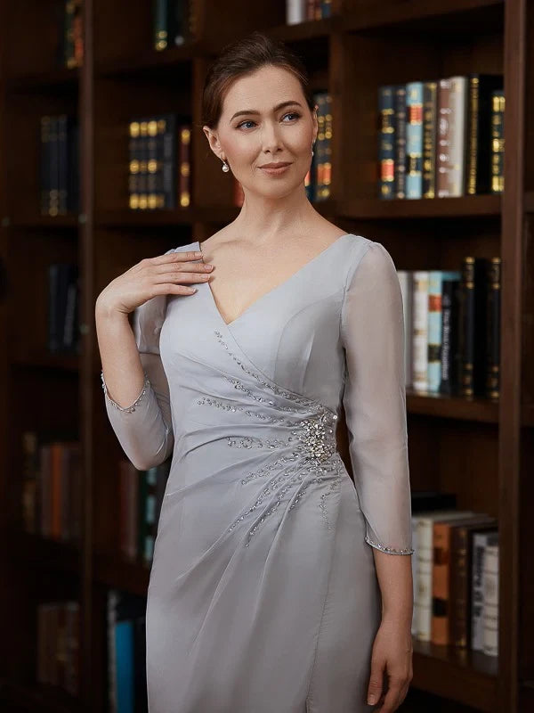 Sophisticated Chiffon Sheath V-Neck 3/4 Sleeve Keyhole Back Floor-Length Mother of the Bride Dresses