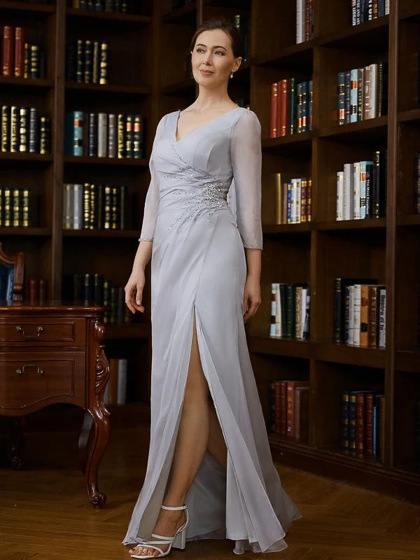 Sophisticated Chiffon Sheath V-Neck 3/4 Sleeve Keyhole Back Floor-Length Mother of the Bride Dresses