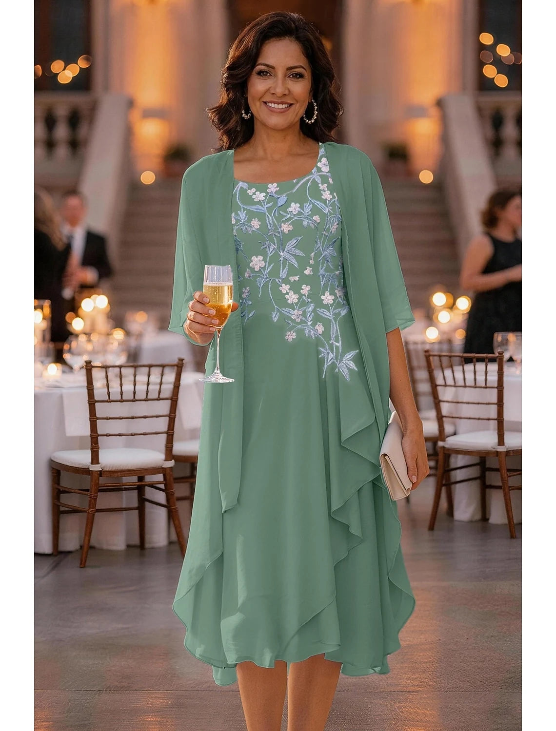 Sophisticated Chiffon Two Piece Embroidered A-Line Scoop Neck 3/4 Sleeve Midi Mother of the Bride Dresses