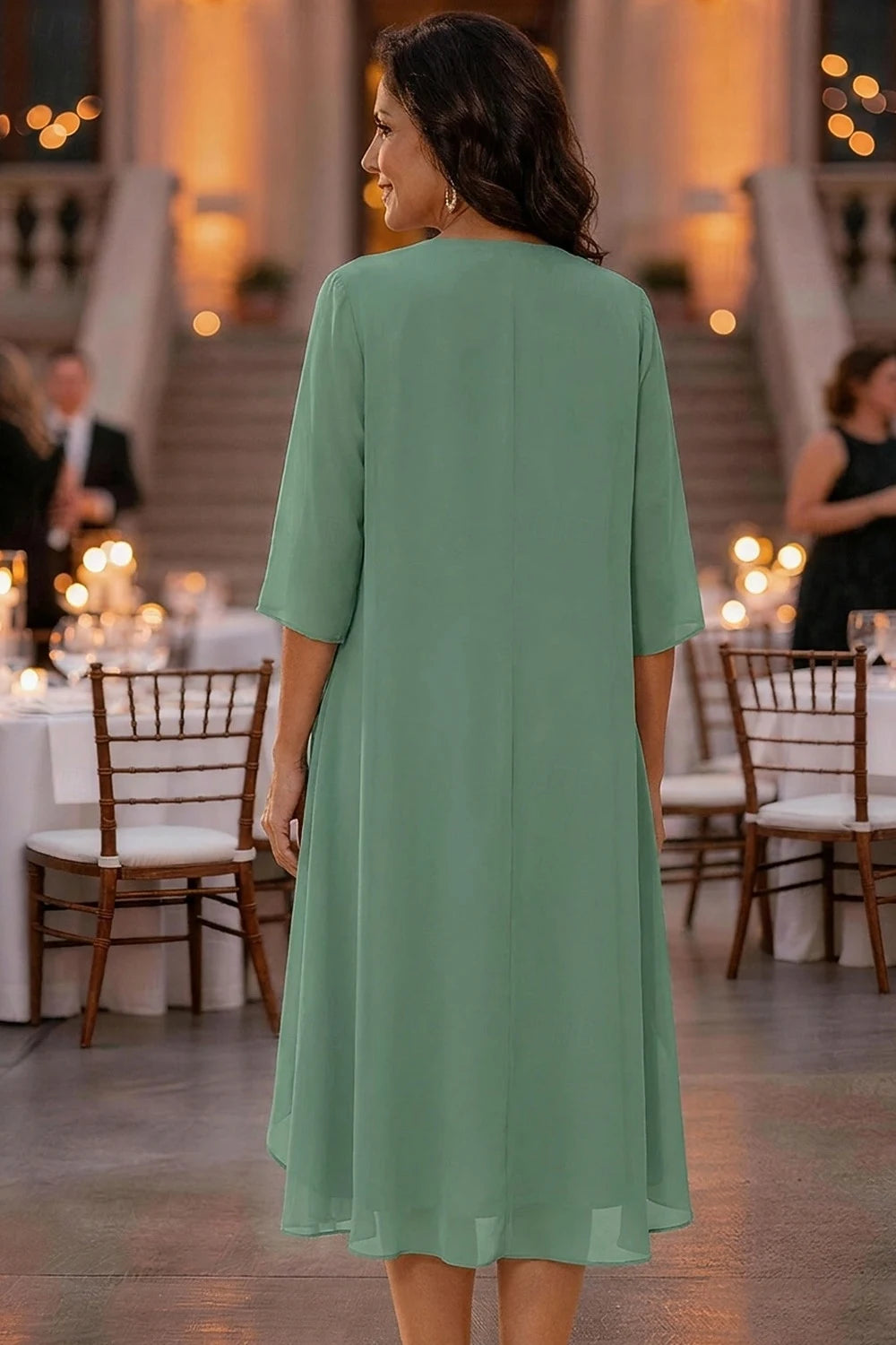 Sophisticated Chiffon Two Piece Embroidered A-Line Scoop Neck 3/4 Sleeve Midi Mother of the Bride Dresses