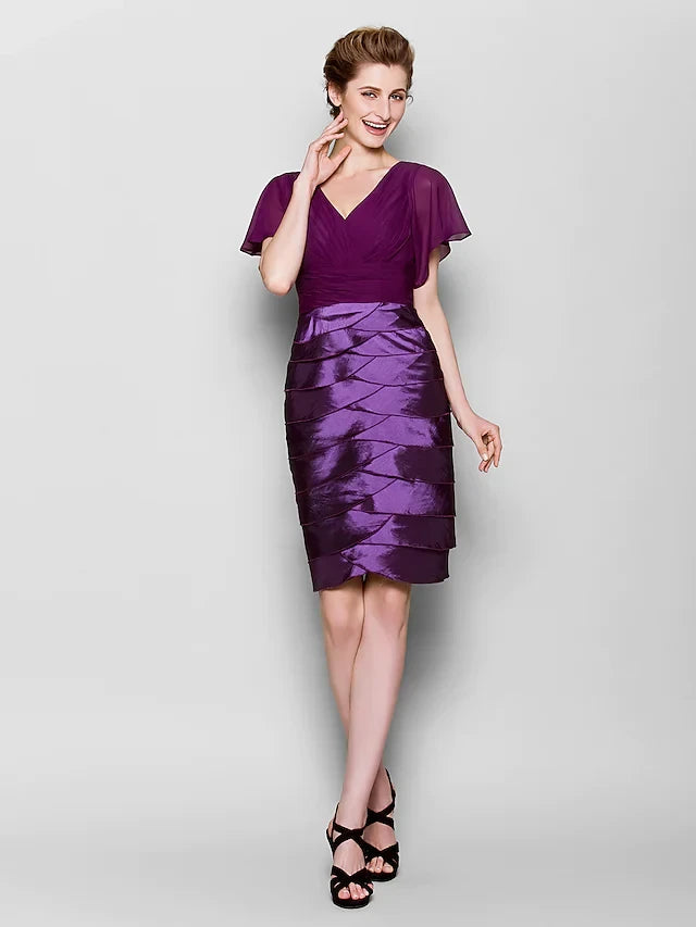 Sophisticated Chiffon and Satin Sheath V-Neck Flutter Sleeve V-Back Knee-Length Mother of the Bride Dresses
