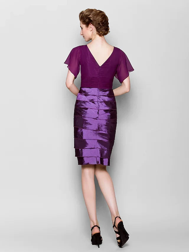 Sophisticated Chiffon and Satin Sheath V-Neck Flutter Sleeve V-Back Knee-Length Mother of the Bride Dresses