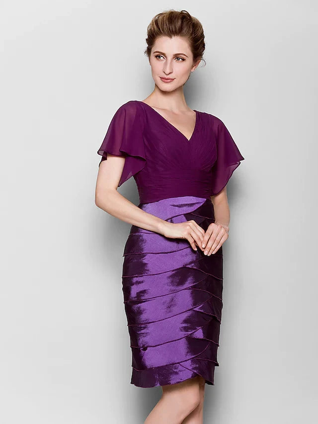 Sophisticated Chiffon and Satin Sheath V-Neck Flutter Sleeve V-Back Knee-Length Mother of the Bride Dresses