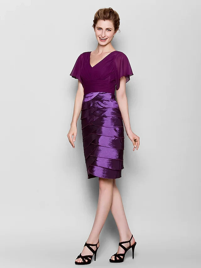 Sophisticated Chiffon and Satin Sheath V-Neck Flutter Sleeve V-Back Knee-Length Mother of the Bride Dresses