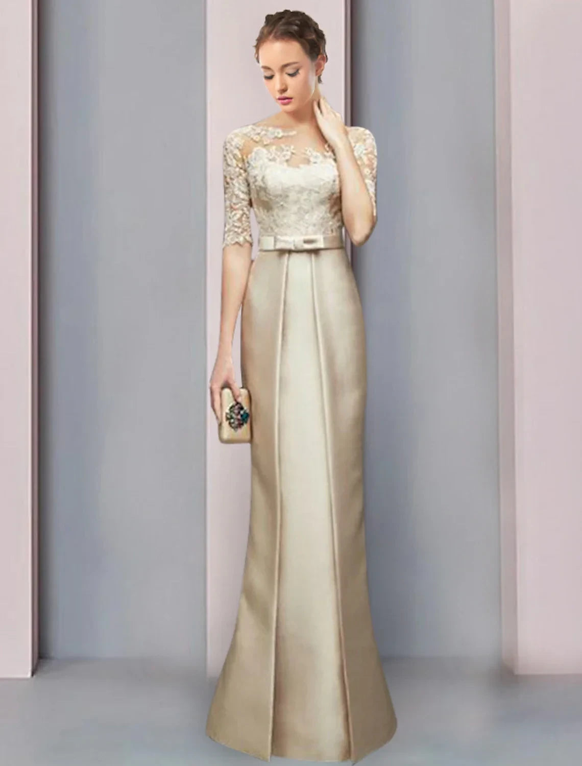 Sophisticated Lace & Satin Sheath Illusion Bateau Neck Three-Quarter Sleeve Sheer Button Back Floor-Length Mother of the Bride Dresses