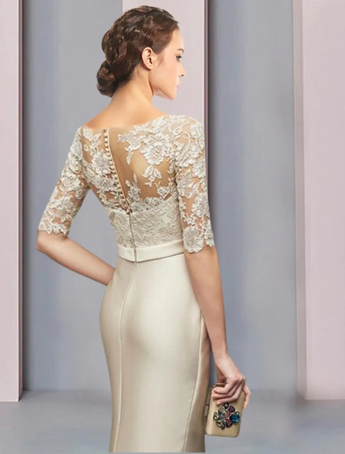Sophisticated Lace & Satin Sheath Illusion Bateau Neck Three-Quarter Sleeve Sheer Button Back Floor-Length Mother of the Bride Dresses