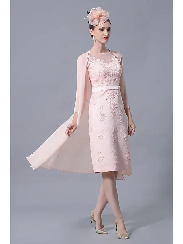 Sophisticated Lace Sheath Illusion Bateau Three-Quarter Sleeves Illusion Back Knee-Length Two-Piece Mother of the Bride Dresses