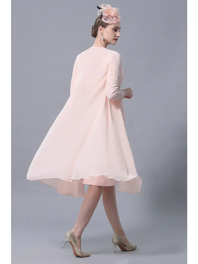 Sophisticated Lace Sheath Illusion Bateau Three-Quarter Sleeves Illusion Back Knee-Length Two-Piece Mother of the Bride Dresses