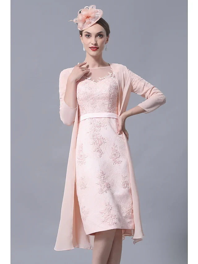 Sophisticated Lace Sheath Illusion Bateau Three-Quarter Sleeves Illusion Back Knee-Length Two-Piece Mother of the Bride Dresses