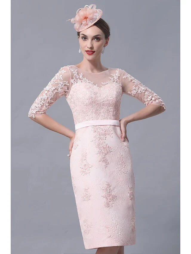Sophisticated Lace Sheath Illusion Bateau Three-Quarter Sleeves Illusion Back Knee-Length Two-Piece Mother of the Bride Dresses