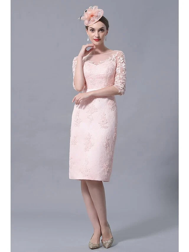 Sophisticated Lace Sheath Illusion Bateau Three-Quarter Sleeves Illusion Back Knee-Length Two-Piece Mother of the Bride Dresses