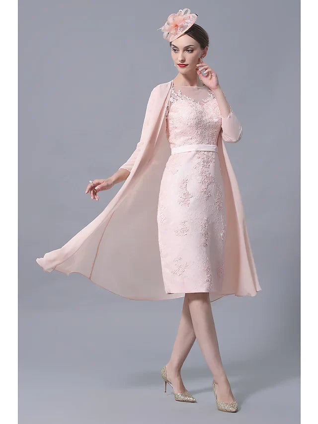 Sophisticated Lace Sheath Illusion Bateau Three-Quarter Sleeves Illusion Back Knee-Length Two-Piece Mother of the Bride Dresses